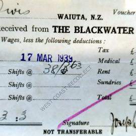 Jos Divis pay slip from Waiuta, 1939.