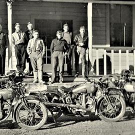 Motorcycle group outside Otira Gorge Hotel, 1939.