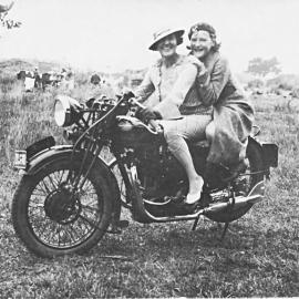 Greymouth girl,Etta Sutherland (pillion) and a friend, on excursion to Christchurch.1930`s.