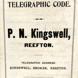 Private Telegraph Code book for P. N. Kingswell, Reefton.