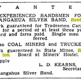 Advert for bandsman for Inangahua Silver Band, October 1950.