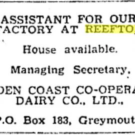 Advert for assistant in Reefton Butter Factory, September 1949.