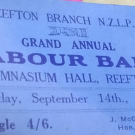 Ticket to the Annual Labour Ball in the Gymnasium Hall, Reefton, 14th September, 1945.