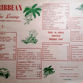 Menu for the Caribbean lounge, Greymouth