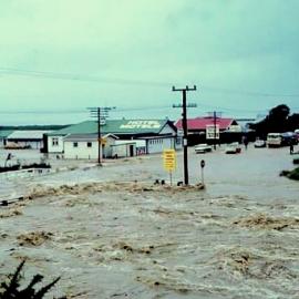 Saltwater Creek in flood, Paroa, March 1978.