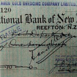 Cancelled National Bank of Reefton cheque for Argo Dredging Co., 7th April 1941.