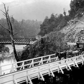 Horse and carriage crossing the Lyell Bridge - Iron bridge is in the background.