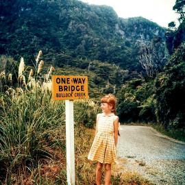 Peta Jones at Bullock Creek Bridge , Punakaiki.1960.