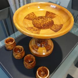 Silver Pine and Totara Fruit Bowl and mottled Silver Pine Egg Cups 