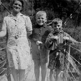 Ethel Heslan with Dick and Harry,on the Hokitika Gorge swing bridge.  - 2 PHOTOS -
