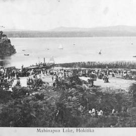 Lake Mahinapua picnic and postcard .1907.