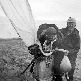 Whitebaiting at Taramakau River - Joe Chidgey helping Dolly Johnson.