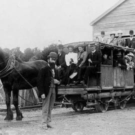 The last horse tram,leaving Kumara for Taramakau to connect with the Greymouth tram.1893.