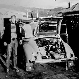 Steve Newby with his first car,1951 Morris, on the way to Westport.1972.