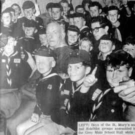  St Mary`s and the 2nd Hokitika Scout groups,assembled in the Grey Main Hall.ca.1966.