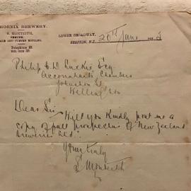 Letter from Phoenix Brewery, Reefton,1920's