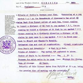 Water-Race License document showing a Westland Mining District Warden's Court stamp.1913.