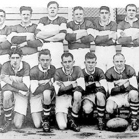 Rugby League Team at back of Grandstand at Wingham Park.