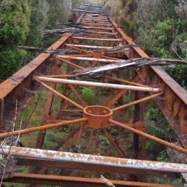 The upper bridge on the Denniston Incline - dynamited at one end  to deny access