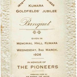 Banquet card from  Kumara Goldfeilds Jubilee.1926.  - 2 PHOTOS -