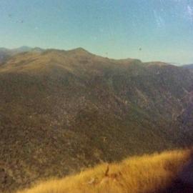 A photo of a spiker in the snow grass above Crane Creek with Round Hill in the background.ca.1970`s.