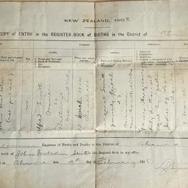 Alf Smiths father`s birth certificate, Ahaura. 1905.