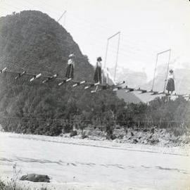 Waiho Gorge suspension bridge 1913. Album~ 3 photos.