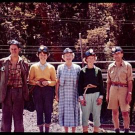 Group at the Strongman Mine: (from left to right) Mike?, Bev Grundie?, Alethea Rowntree, Frances Rowntree and John Burgess Rowntree1959