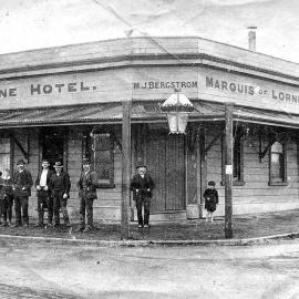 Marquis of Lorne Hotel, corner of Hampden and Bealey Streets, Hokitika.ca.1908.