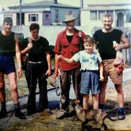  Deerstalkers -  in front of 7 Collins Street, Blaketown. 1960.