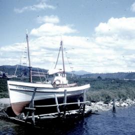 Boat under repair, port of Greymouth, Blaketown lagoon.