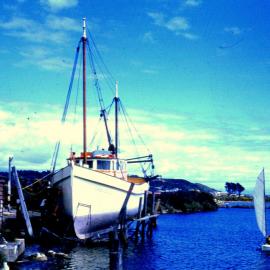 Boat under repair, port of Greymouth, Blaketown lagoon * Alan Wisdom slide collection