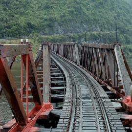 The old "S" shaped "Howe" wooden trestle Cobden Railway Bridge.1984.