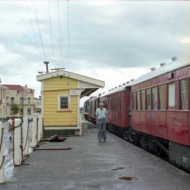  The Rewanui "Miner's Train" at Riverside Station on Mawhera Quay, Greymouth.1984.