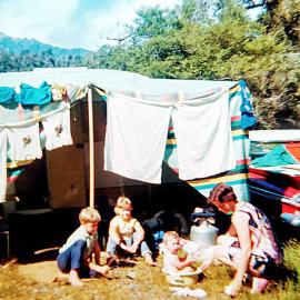 David, Sharon, Jenny & Marcia Gibbons  - Caravan camping , Styx River, Hokitika, early 1970's.