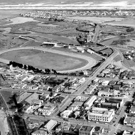 Greymouth aerial 1960, including Gas Works, Police Station and Victoria Park