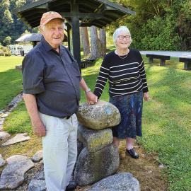 Anne Conaghan and Jim Conaghan visit memorial to Peter "The Greek" Mangos at the Lyell