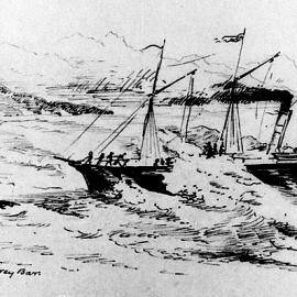 The Wonga Wonga wrecked entering the Grey River Harbour.1866.