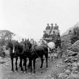 Coach with passengers at summit of Arthur's Pass.ca.1900`s.