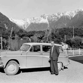 George Groufsky, Maitlands representative of Hokitika - Fox Glacier in the background.1959.
