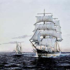 AUSTRALIA to GREYMOUTH - The Barque White Pine entering the Grey under sail.1892.