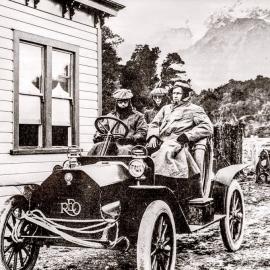 First car at the Waiho - 11 hour car trip, Hokitika to Franz.1911.