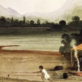 Hone Mokekehu snaring a weka while Brunner and Heaphy rest in front of a hut, 1846