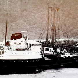 M.V. Titoki grounded on the northern side of the Grey River, Greymouth.Aug 1975.