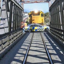 Train hits police car on Taramakau bridge.2006.
