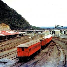 Greymouth Station taken from the overhead walking bridge, 1974.