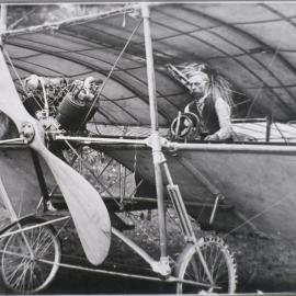 Arthur W Schaef at the controls of the first aeroplane built in Wellington 1911.