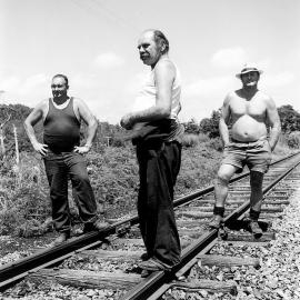 Railway workers - Joe Hill, Ivan Marley, Vic Townsend near Hokitika.1971.