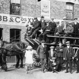 Carriage and passengers alongside Cobb & Co - somewhere on the West Coast.1910.