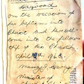 Bible presented to Miss Kathleen Harwood on occasion of her baptism - Church of Christ, Greymouth.1948.